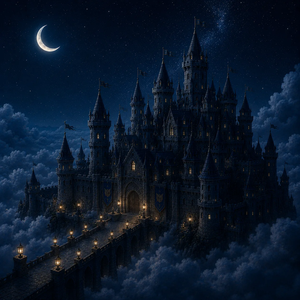 The whole castle asleep at night, windows dark, everyone dreaming.