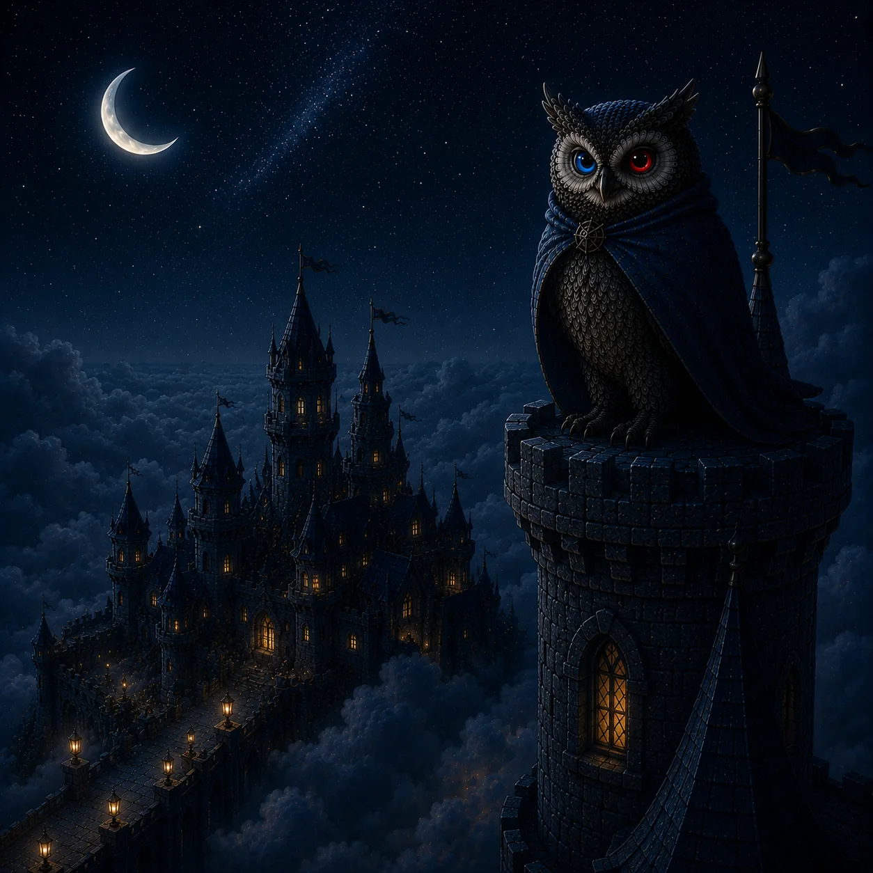 High on the tallest tower, one owl stays wide awake while the castle sleeps.
