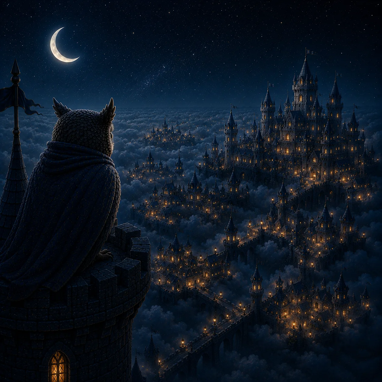 The watching owl looking out over a thousand small, calm, steady lights across the castle.