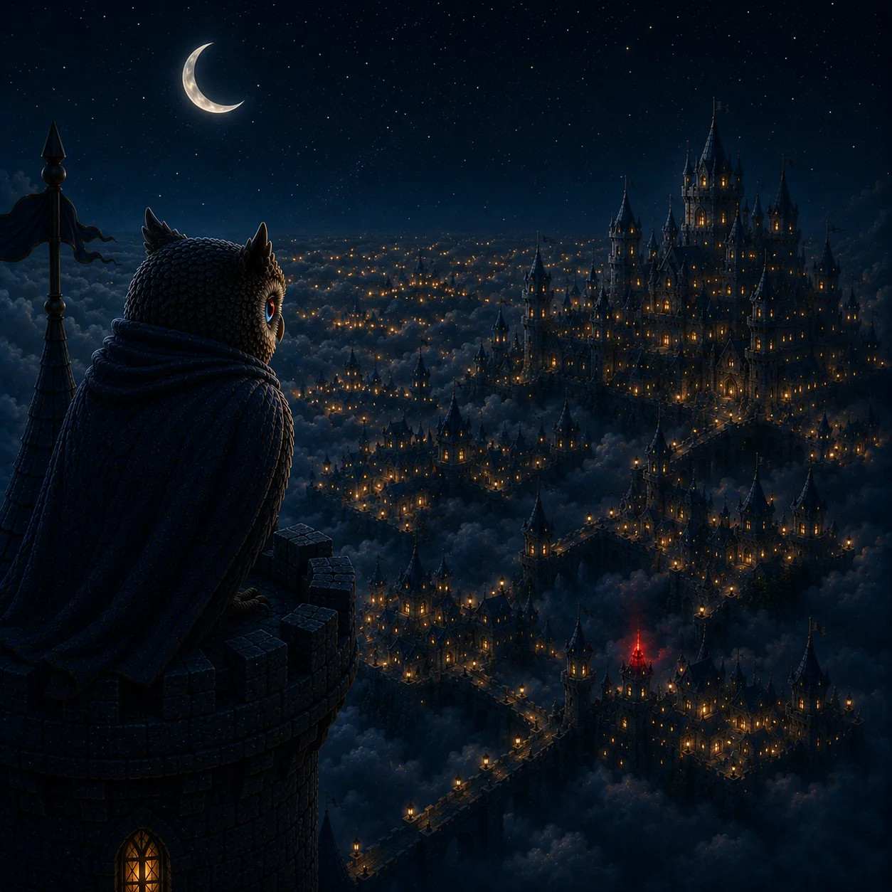 Among all the calm lights, one flickers a wrong colour with a wrong rhythm.