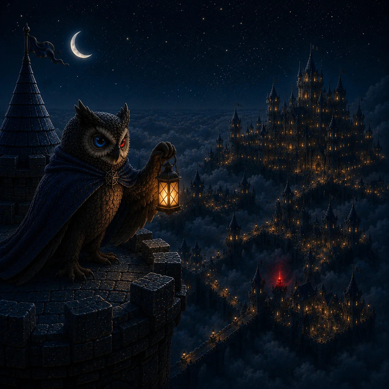 The owl calmly lighting its lantern to go and look, not waking the castle.