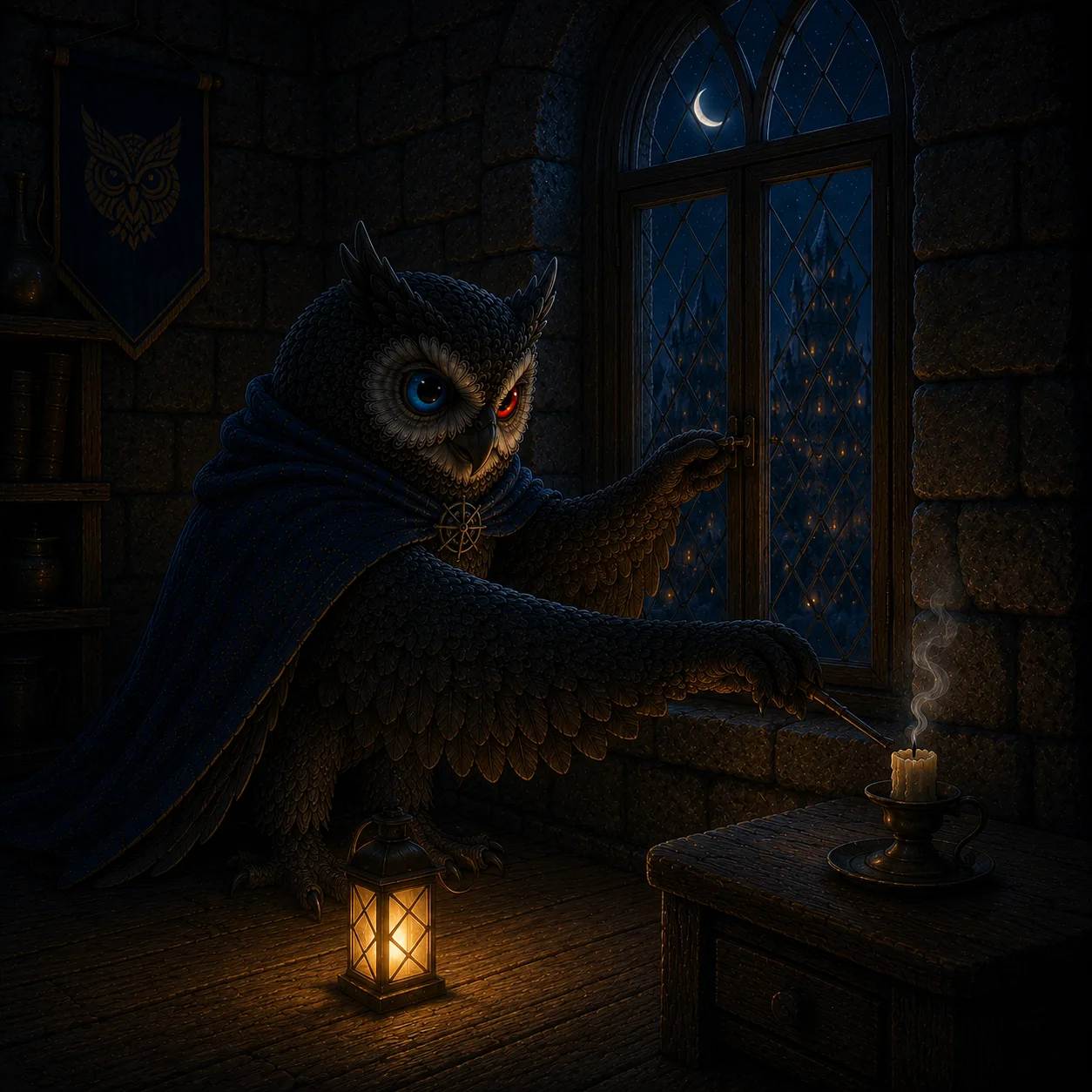 The owl quietly setting the small trouble right while the castle sleeps on.
