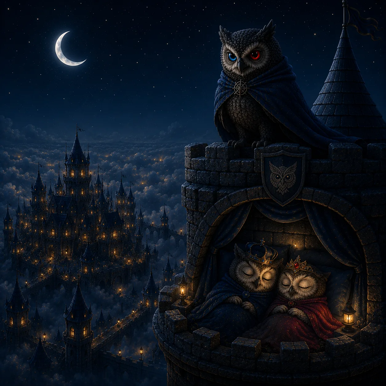 The two owlets asleep and safe, the watching owl on its perch with one blue and one crimson eye under a crescent moon.