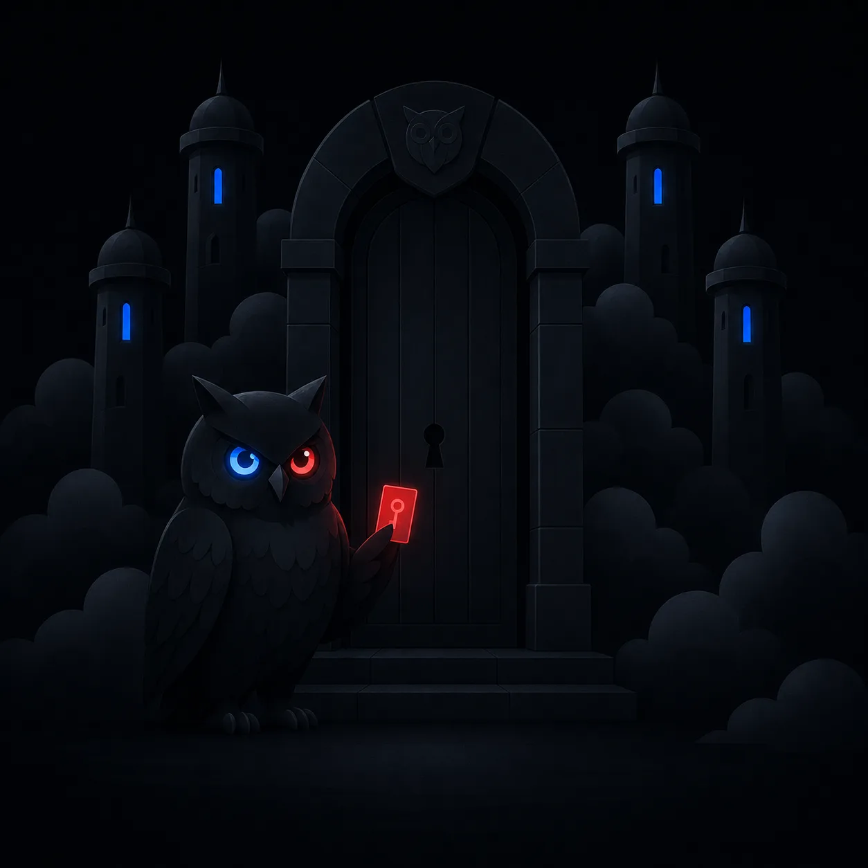 The owl at a locked door, checking a small glowing key-card.