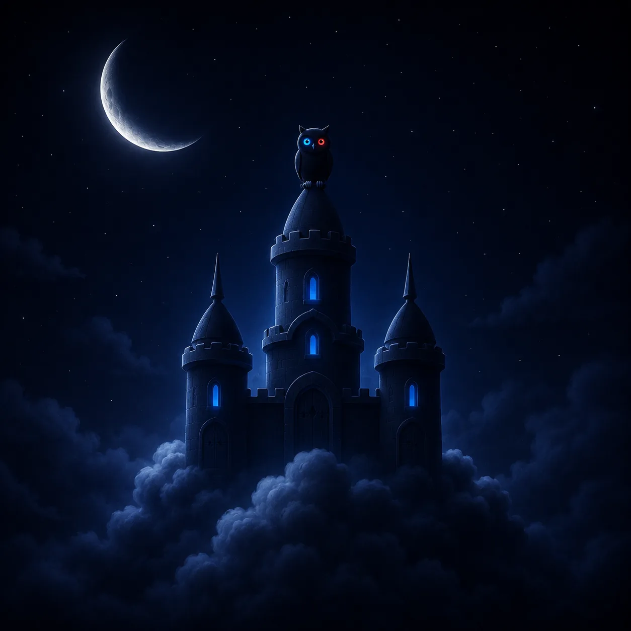 The owl keeping gentle watch over the sleeping castle at night.